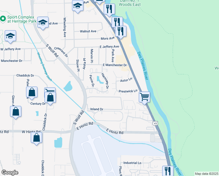 map of restaurants, bars, coffee shops, grocery stores, and more near 463 Harmony Drive in Wheeling