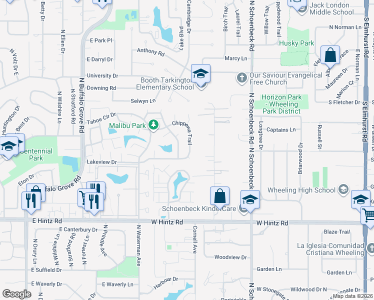 map of restaurants, bars, coffee shops, grocery stores, and more near 531 Commanche Trail in Wheeling