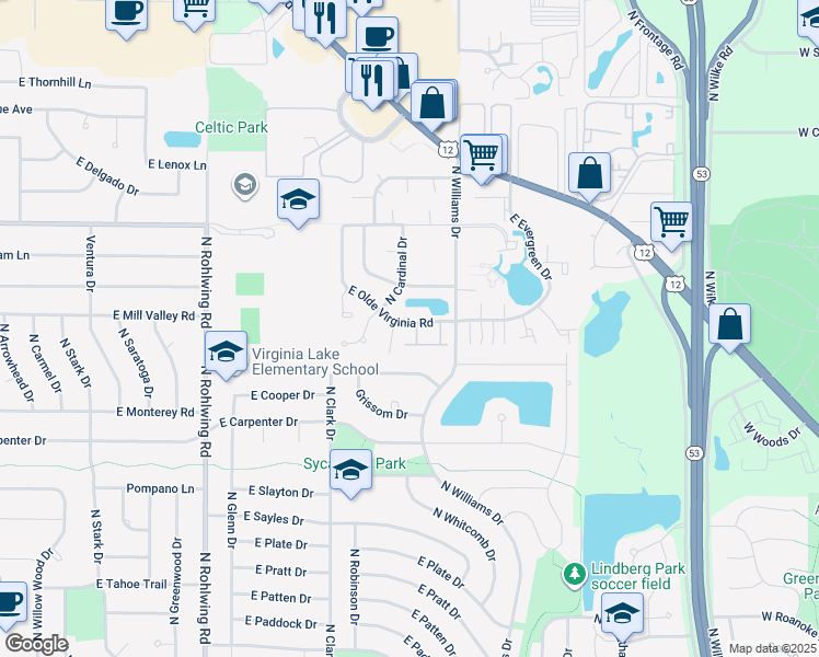 map of restaurants, bars, coffee shops, grocery stores, and more near 1135 East Potomac Lane in Palatine