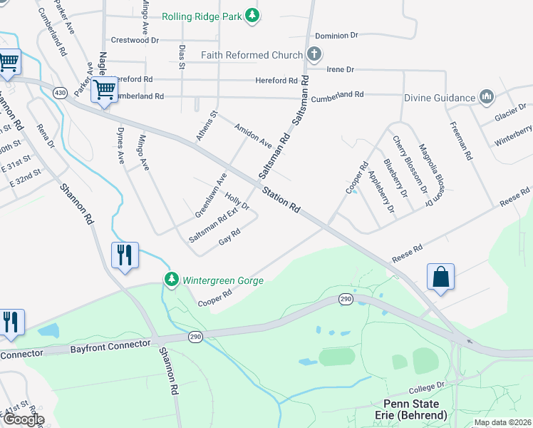 map of restaurants, bars, coffee shops, grocery stores, and more near 3918 Holly Dr in Erie