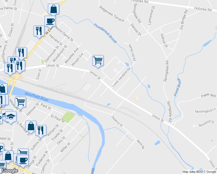 map of restaurants, bars, coffee shops, grocery stores, and more near 289 Lower Sandyhill Road in Westfield