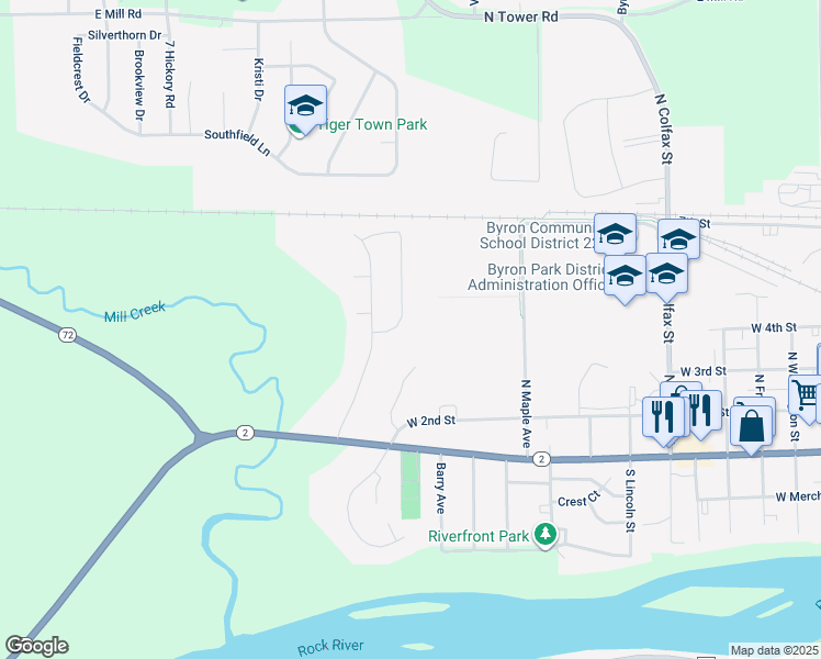 map of restaurants, bars, coffee shops, grocery stores, and more near 403 Mill Ridge Drive in Byron