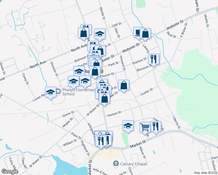 map of restaurants, bars, coffee shops, grocery stores, and more near 34 School Street in Rockland