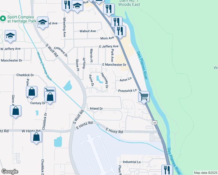map of restaurants, bars, coffee shops, grocery stores, and more near 463 Harmony Drive in Wheeling