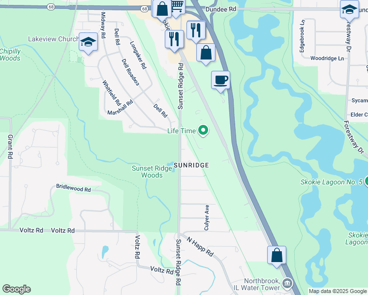 map of restaurants, bars, coffee shops, grocery stores, and more near 1253 Sunset Ridge Road in Northbrook