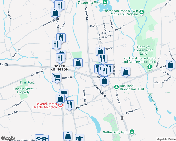 map of restaurants, bars, coffee shops, grocery stores, and more near 280 Adams Street in Abington
