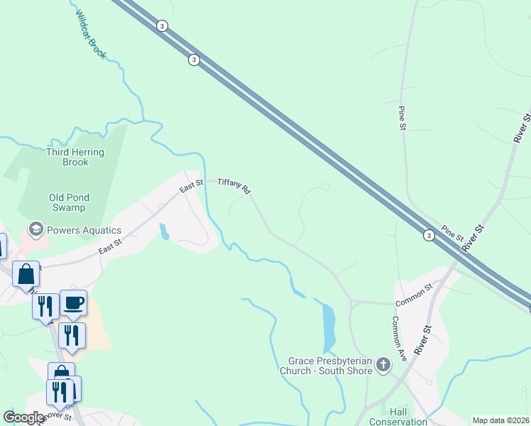 map of restaurants, bars, coffee shops, grocery stores, and more near 172 Tiffany Road in Norwell