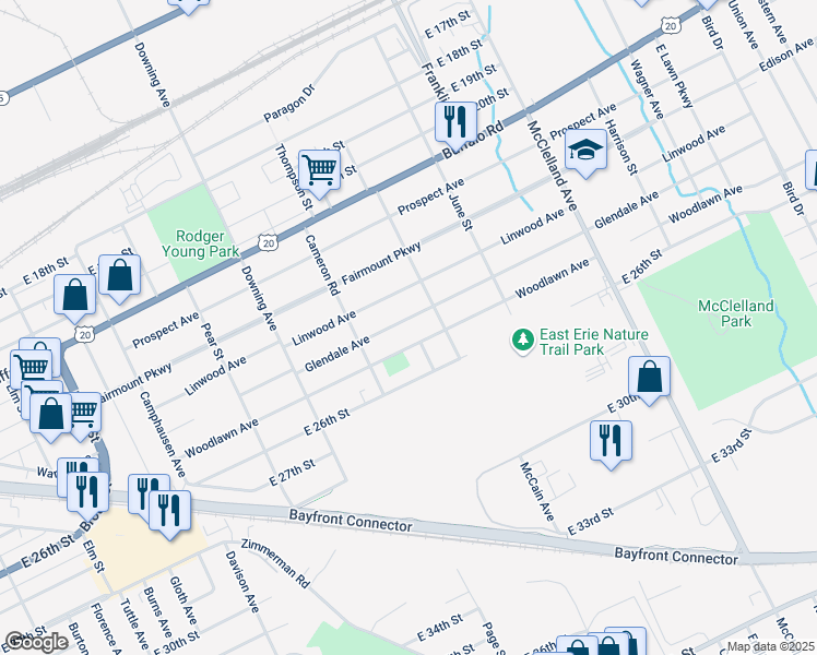 map of restaurants, bars, coffee shops, grocery stores, and more near 1951 Glendale Ave in Erie