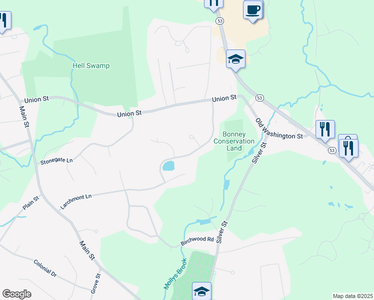 map of restaurants, bars, coffee shops, grocery stores, and more near 127 Hearthstone Way in Hanover