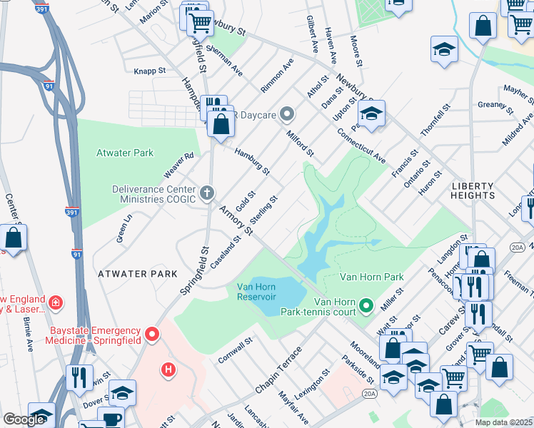 map of restaurants, bars, coffee shops, grocery stores, and more near 39-41 Sterling Street in Springfield