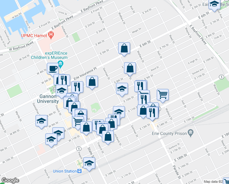 map of restaurants, bars, coffee shops, grocery stores, and more near 828 German Street in Erie