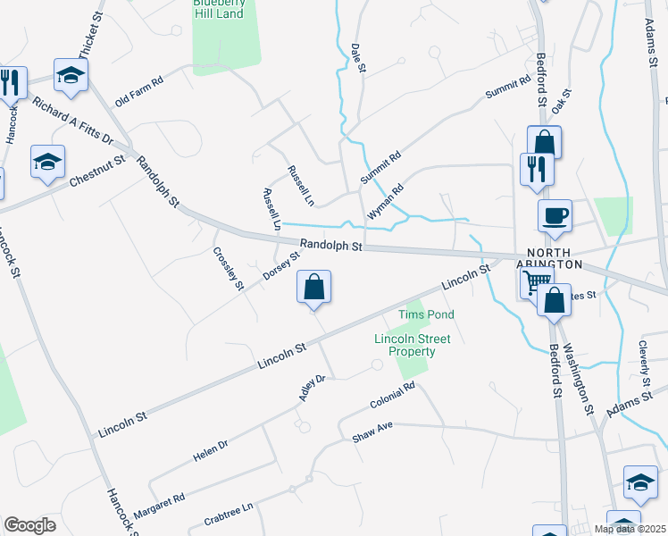 map of restaurants, bars, coffee shops, grocery stores, and more near 270 Randolph Street in Abington