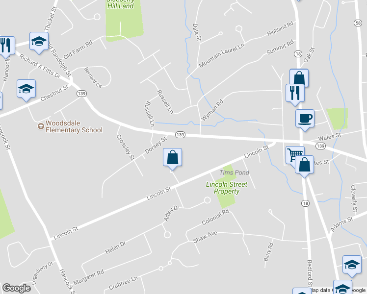 map of restaurants, bars, coffee shops, grocery stores, and more near 270 Randolph Street in Abington