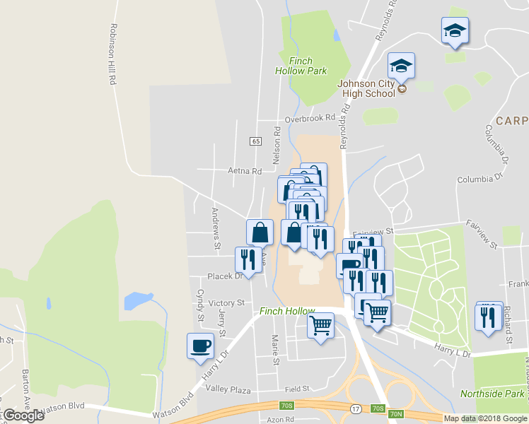 map of restaurants, bars, coffee shops, grocery stores, and more near 402 Arthur Avenue in Johnson City