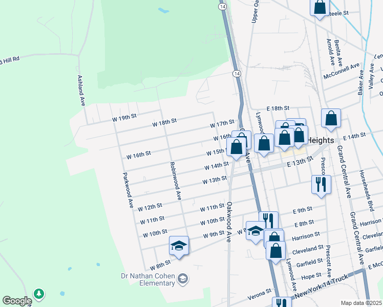 map of restaurants, bars, coffee shops, grocery stores, and more near 220 West 15th Street in Elmira