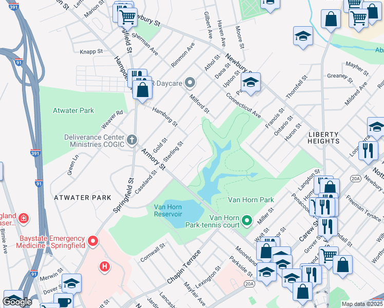 map of restaurants, bars, coffee shops, grocery stores, and more near 61 Bevier Street in Springfield