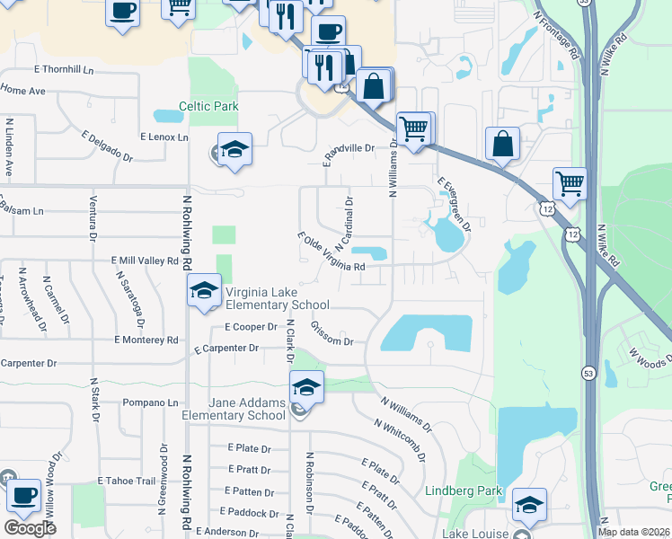 map of restaurants, bars, coffee shops, grocery stores, and more near 1096 East Cottonwood Way in Palatine