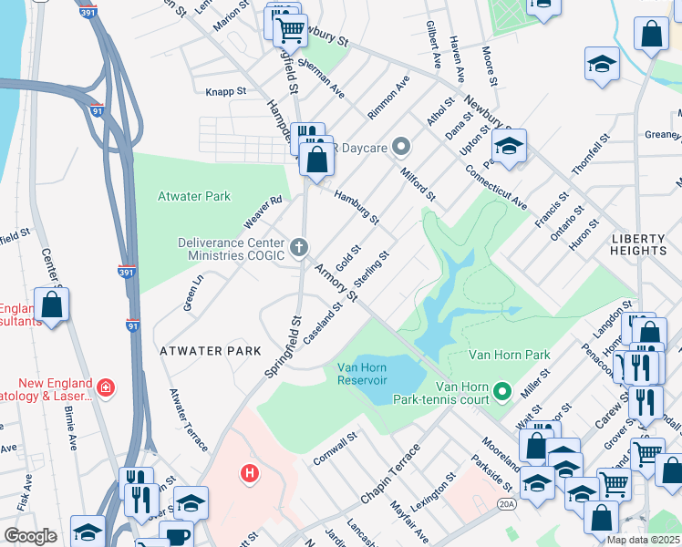map of restaurants, bars, coffee shops, grocery stores, and more near 11 Gold Street in Springfield