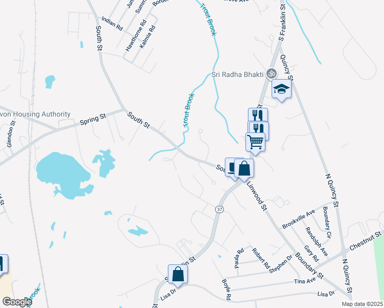 map of restaurants, bars, coffee shops, grocery stores, and more near 91 South Street in Holbrook