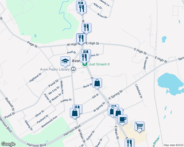 map of restaurants, bars, coffee shops, grocery stores, and more near 82 East Main Street in Avon