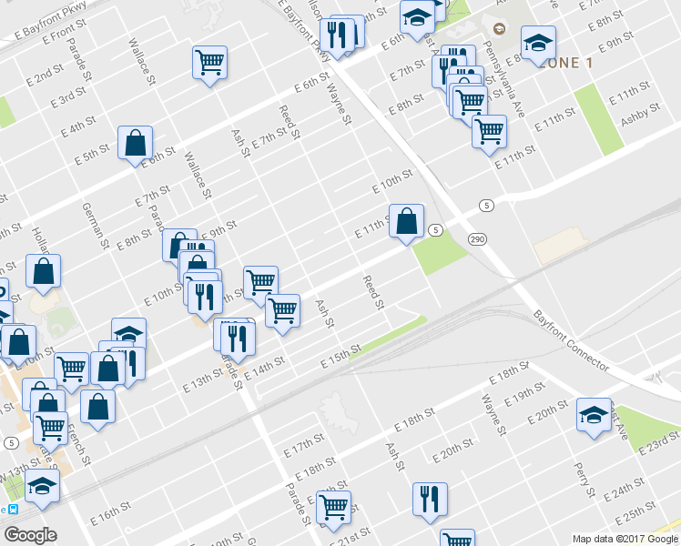 map of restaurants, bars, coffee shops, grocery stores, and more near 636 E 12th St in Erie