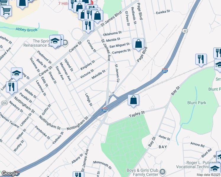 map of restaurants, bars, coffee shops, grocery stores, and more near 736 Saint James Avenue in Springfield