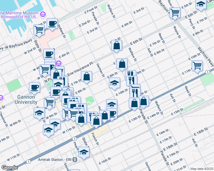 map of restaurants, bars, coffee shops, grocery stores, and more near 828 German Street in Erie