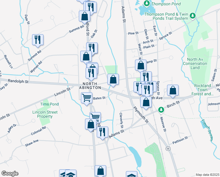 map of restaurants, bars, coffee shops, grocery stores, and more near 66 North Avenue in Abington