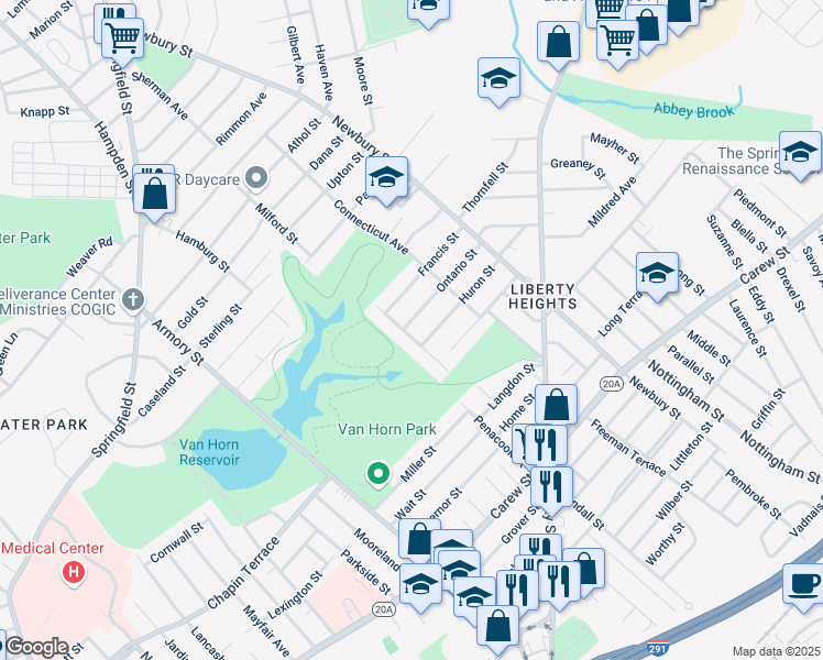 map of restaurants, bars, coffee shops, grocery stores, and more near 59 Saint Lawrence Avenue in Springfield