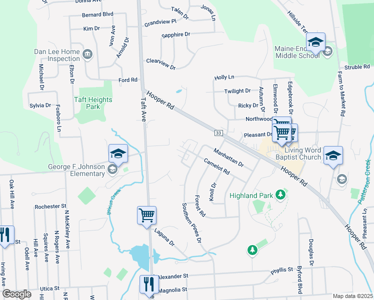 map of restaurants, bars, coffee shops, grocery stores, and more near 2672 Camelot Road in Endwell