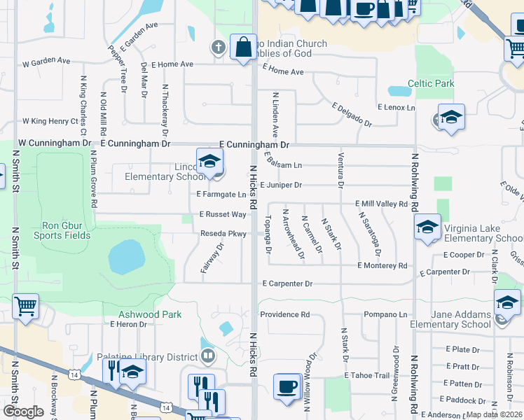 map of restaurants, bars, coffee shops, grocery stores, and more near 972 Topanga Drive in Palatine