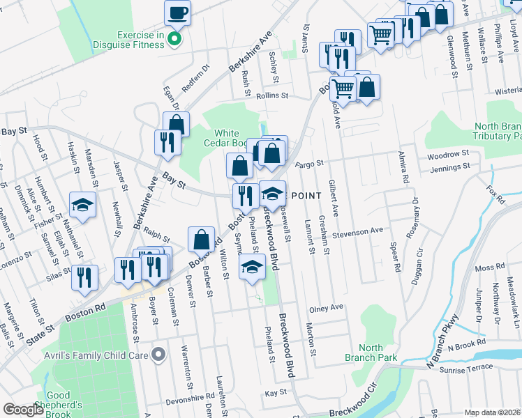 map of restaurants, bars, coffee shops, grocery stores, and more near 68 Breckwood Boulevard in Springfield