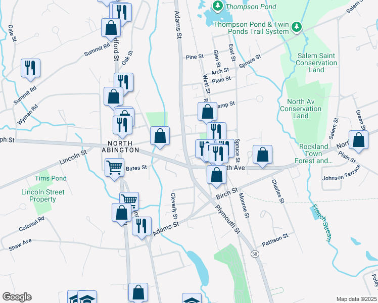 map of restaurants, bars, coffee shops, grocery stores, and more near 6 Harrison Avenue in Abington