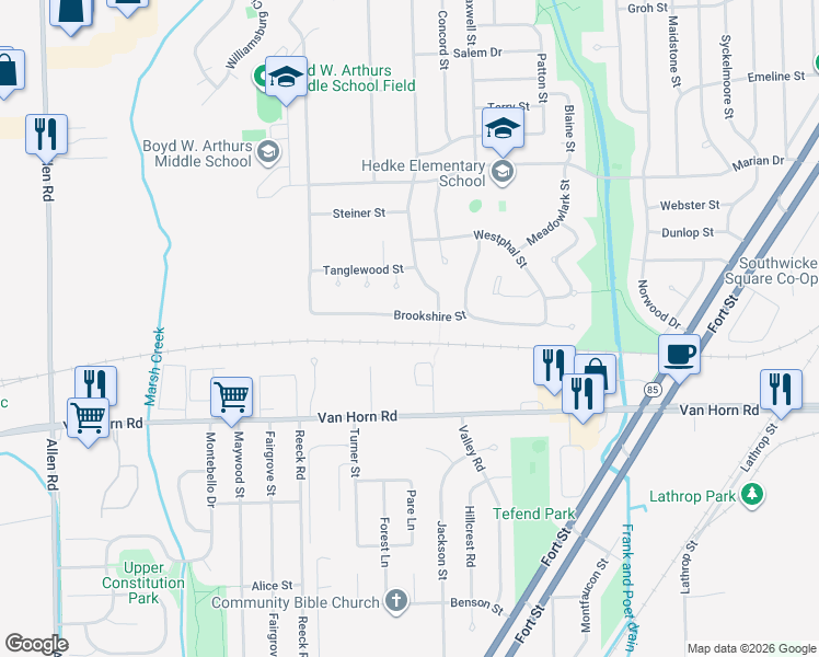 map of restaurants, bars, coffee shops, grocery stores, and more near 3531 Brookshire Street in Trenton