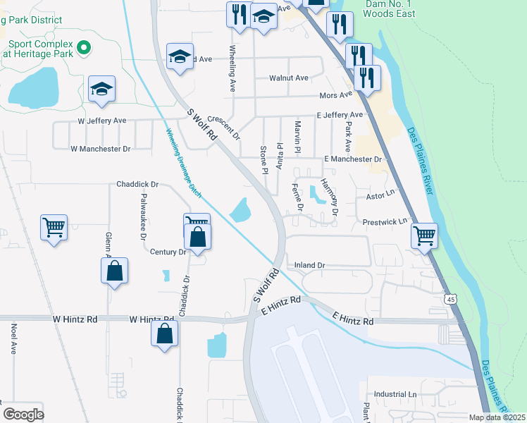 map of restaurants, bars, coffee shops, grocery stores, and more near 4471 Foxboro Drive in Wheeling