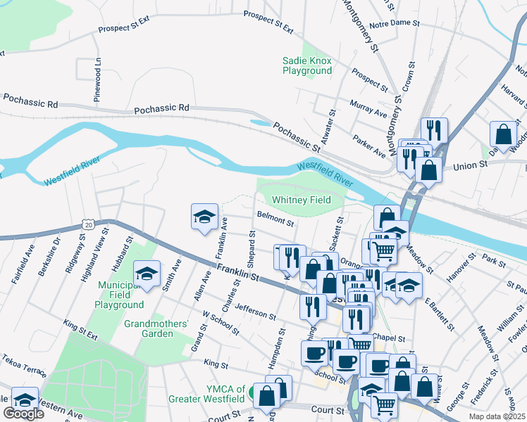 map of restaurants, bars, coffee shops, grocery stores, and more near 19 Belmont Street in Westfield