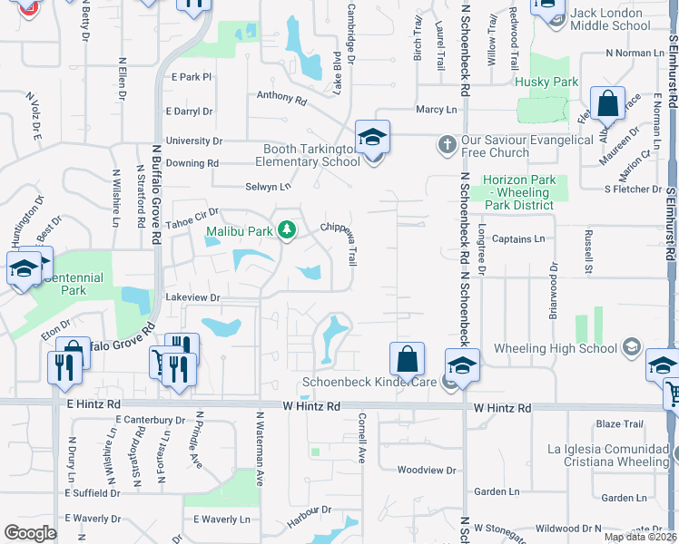 map of restaurants, bars, coffee shops, grocery stores, and more near 531 Commanche Trail in Wheeling