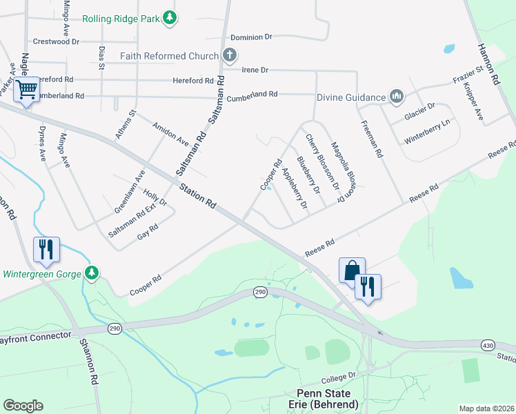 map of restaurants, bars, coffee shops, grocery stores, and more near 4102 Maple Grove Drive in Erie