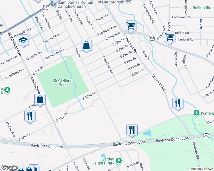 map of restaurants, bars, coffee shops, grocery stores, and more near 2742 East 32nd Street in Erie