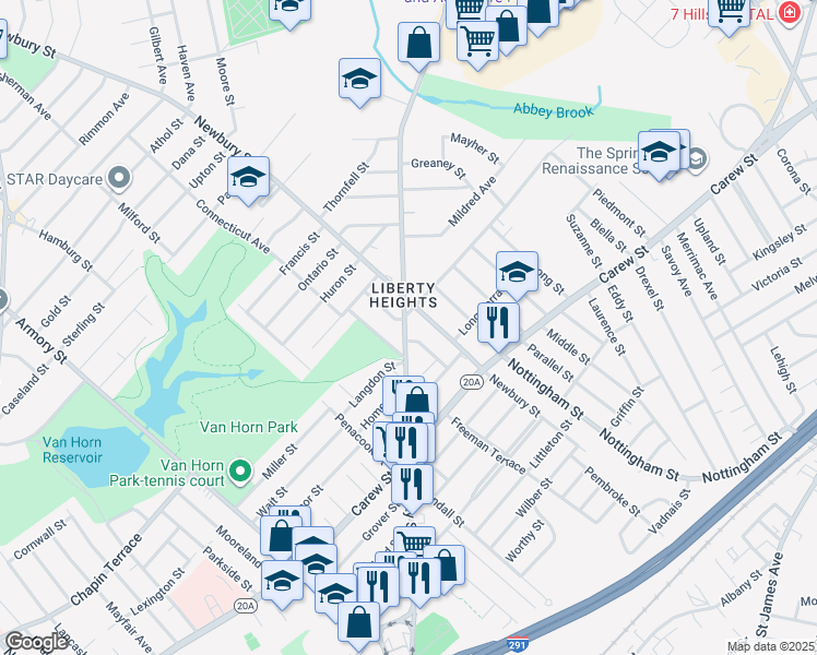 map of restaurants, bars, coffee shops, grocery stores, and more near 953 Liberty Street in Springfield