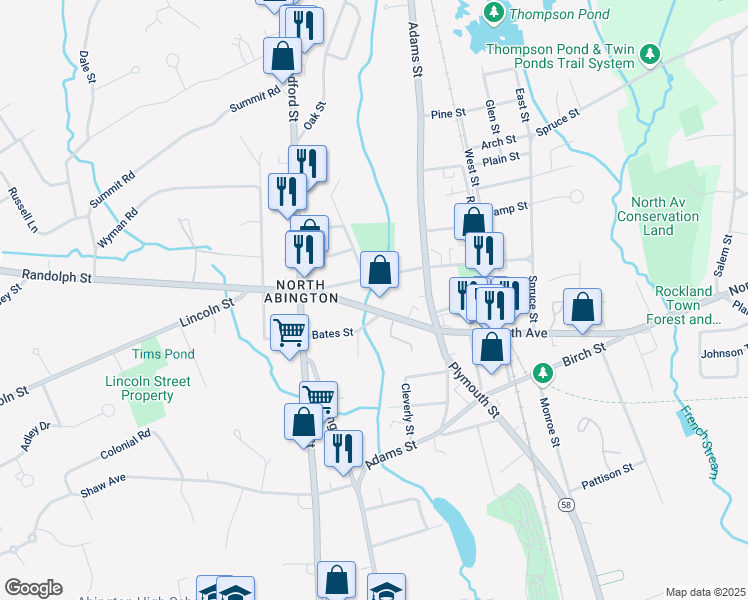 map of restaurants, bars, coffee shops, grocery stores, and more near 68 North Avenue in Abington