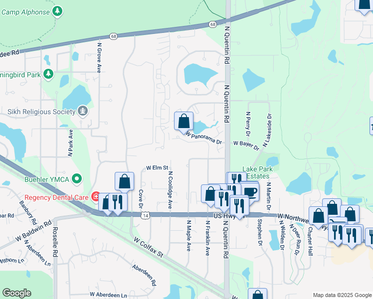 map of restaurants, bars, coffee shops, grocery stores, and more near 1024 North Glenview Court in Palatine