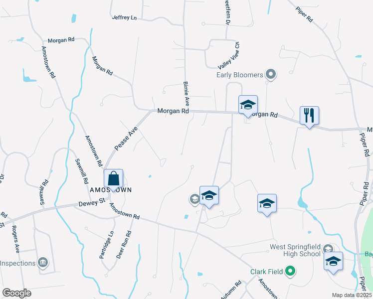 map of restaurants, bars, coffee shops, grocery stores, and more near 89 Vincent Drive in West Springfield