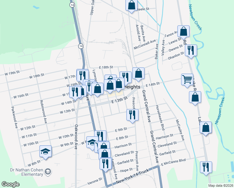 map of restaurants, bars, coffee shops, grocery stores, and more near 251 East 14th Street in Elmira Heights