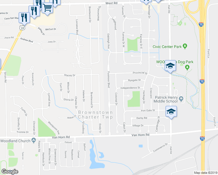 map of restaurants, bars, coffee shops, grocery stores, and more near 24317 Foxmoor Boulevard in Trenton