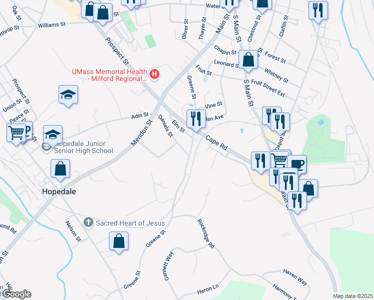 map of restaurants, bars, coffee shops, grocery stores, and more near 56 Daniels Street in Hopedale
