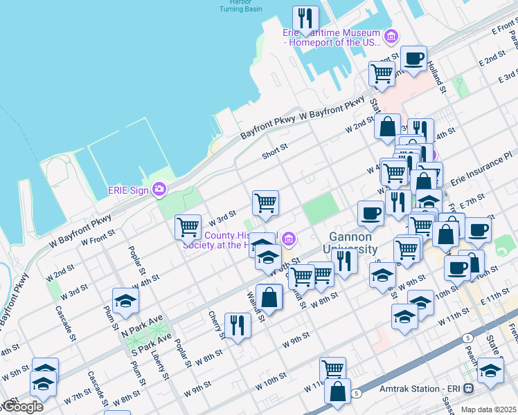 map of restaurants, bars, coffee shops, grocery stores, and more near 307 Chestnut Street in Erie