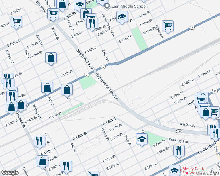 map of restaurants, bars, coffee shops, grocery stores, and more near Bayfront Bikeway in Erie