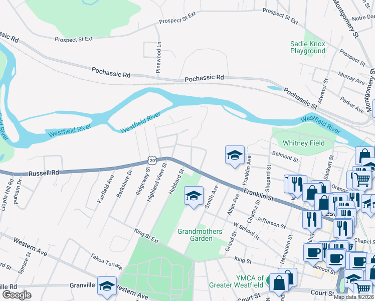 map of restaurants, bars, coffee shops, grocery stores, and more near 18 Sherman Street Extension in Westfield