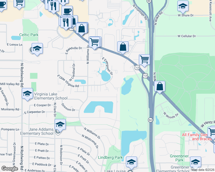 map of restaurants, bars, coffee shops, grocery stores, and more near 1349 East Evergreen Drive in Palatine